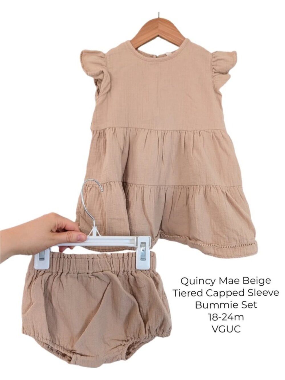 Quincy‎ Mae Toddler Girls Beige Tiered Capped Sleeve Bummie Set 18-24m
